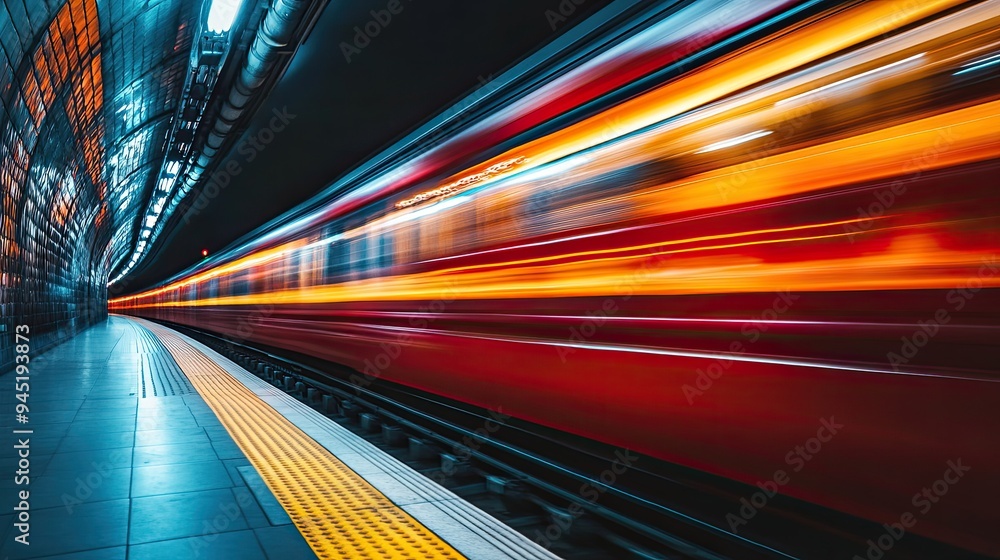 Poster a blurred image of a train speeding through a tunnel. this image can be used to represent speed, mot