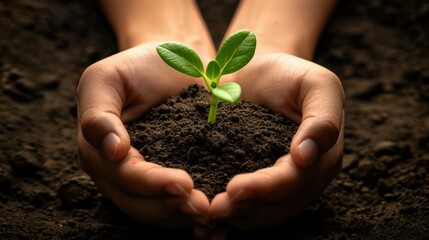 A person holding a small plant in their hands. AI.