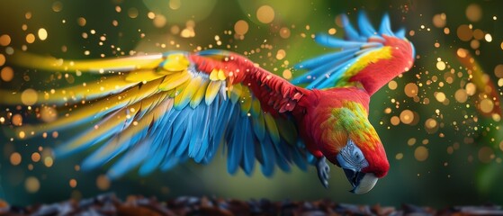 Fototapeta premium Majestic Parrot Displaying Vibrant Feathers and Spreading Wings in Full Glory