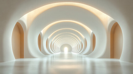 Obraz premium An arched hallway with evenly spaced, identical doorways along both sides, leading to a vanishing point in the distance, with copy space