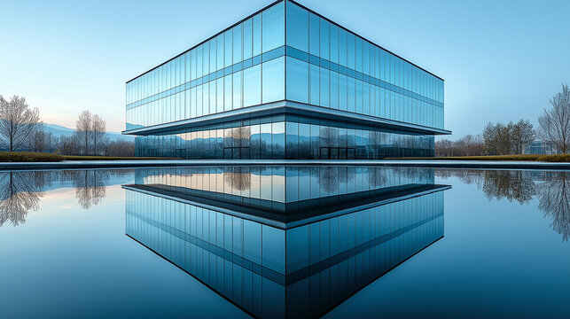 A symmetrical reflection of a modern glass building in a calm water surface, creating a mirror image of the architecture, with copy space