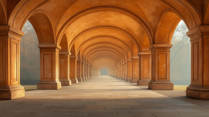 Fototapeta premium An arched hallway with evenly spaced, identical doorways along both sides, leading to a vanishing point in the distance, with copy space