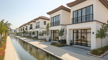 A row of identical, minimalist houses with symmetrical windows and doors, all perfectly aligned along a quiet street, with copy space