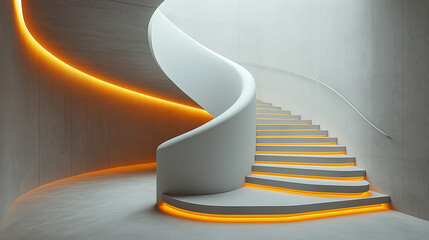 Obraz premium A symmetrical staircase spiraling upwards in a modern building, with even lighting emphasizing the balanced design, with copy space