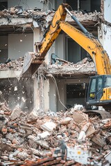 An excavator is engaged in demolishing a building, with debris falling around. The structure is being systematically