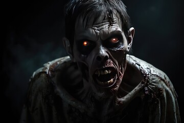 Male monster, hideous and eerie, with gouges in his eyes that resemble a skull