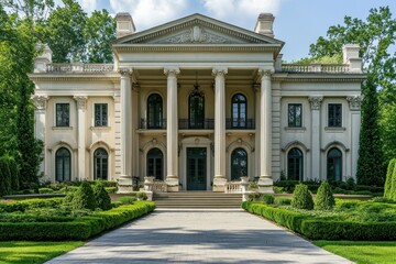 Fototapeta premium A grand mansion with classical architecture and well-maintained landscaping.