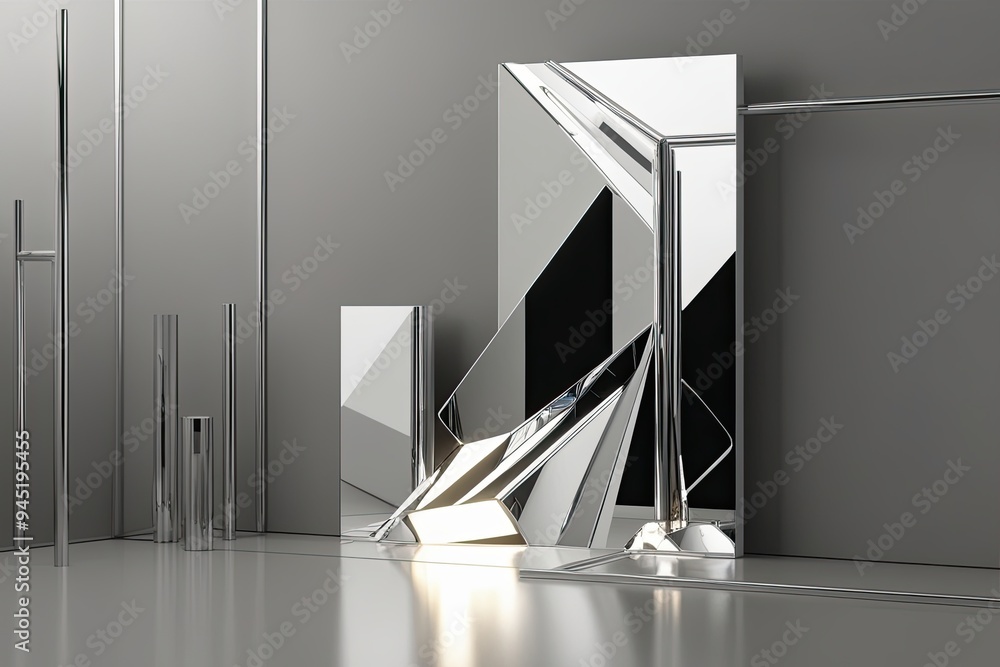 Poster 3d visualization of shiny abstract geometry with reflective features on a clean minimalist backgroun