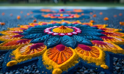 a colorful flower design on a ground. 