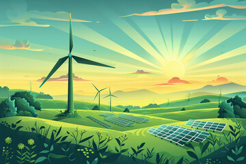 Generative ai on theme of wind power farm with rotation propellers, does not pollute environment