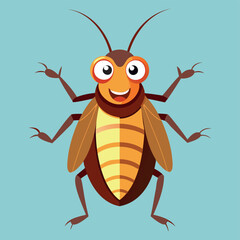 Vector cartoon image of cute brown cockroach with antennae and six legs. Anthropomorphic cartoon cockroach. Vector funny illustration of cartoon cockroach.