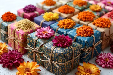 Fototapeta premium a group of wrapped presents with flowers. 