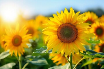 Obraz premium Endless field of sunflowers illuminated by the sun, harvest and agricultural business concept 