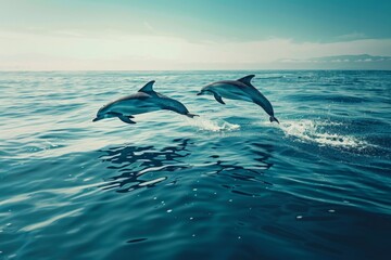 Obraz premium Two dolphins leap joyfully above calm ocean waters. Their playful dance showcases the beauty of marine life. A perfect image for nature lovers. Generative AI