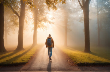A man walks down a path in a foggy forest as the sun rises
