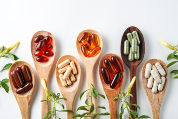 Vitamin capsules in a wooden spoon, soft gels, Fish oil capsules, omega 3, omega 9, vitamin D, vitamin E