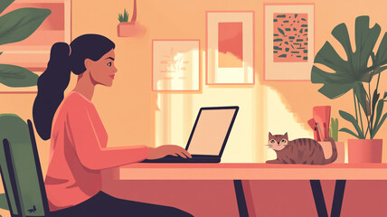 A woman works on her laptop in a cozy home office surrounded by plants and her cat in soft afternoon light