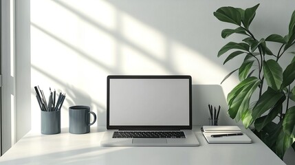 Fototapeta premium Minimalist Workspace with Laptop and Plant
