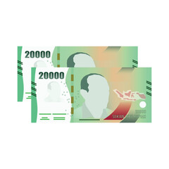 Set of Indonesia banknotes money front side of 20000 rupiah simple flat illustration.