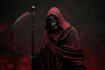 Scary grim reaper with scythe in hell on dark background with dramatic background
