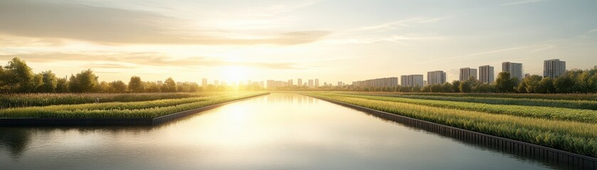 Obraz premium Serene Urban Oasis: Watercolor Floating Garden in City Canal