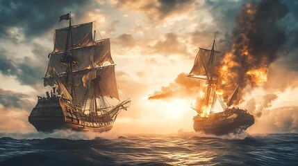 Swashbuckling Showdown: Pirate Ship Engaging in High Seas Battle on Pirate Day!