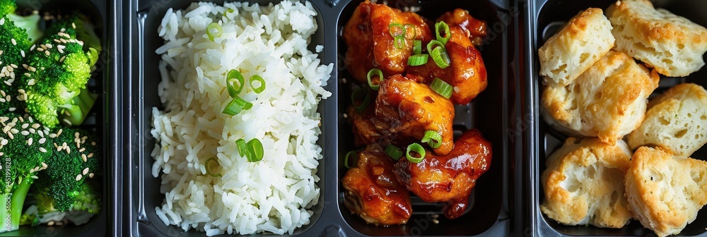 Poster Selective focus on a lunchbox containing rice, broccoli, grilled chicken, and a biscuit.