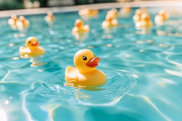 A colorful scene with playful yellow rubber ducks floating in a sparkling blue pool. This image captures fun and leisure. Perfect for summer themes. Generative AI