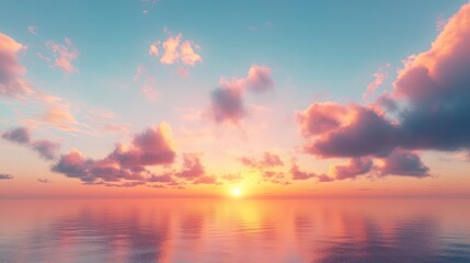Fototapeta premium Sunrise over a calm horizon: A breathtaking view of a colorful morning sky, where orange sunlight filters through scattered clouds