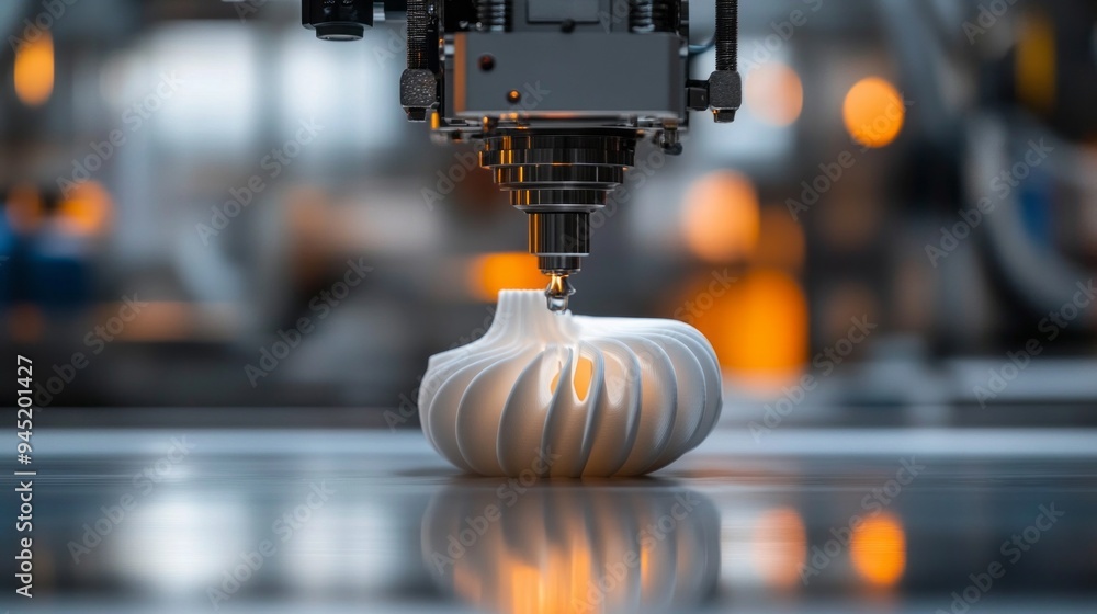 Poster A 3D printer is in the process of creating a white object