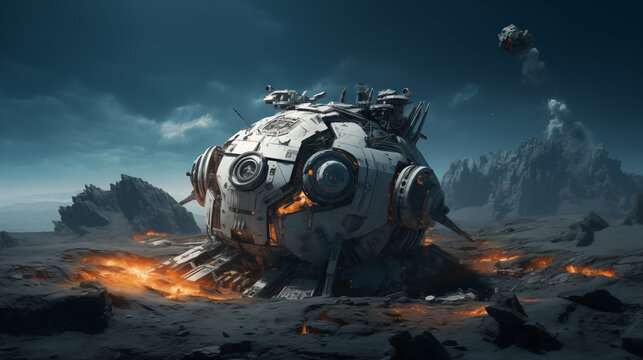 Crashed Spaceship on Alien Planet with Glowing Lava and Rocky Mountains