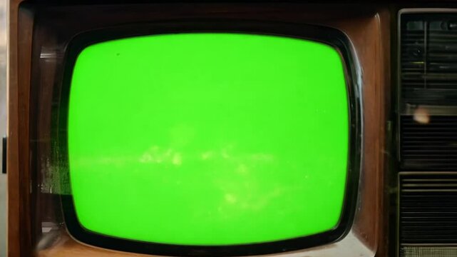 Retro vintage television. Close Up Footage of a Dated TV Set with Green Screen Mock Up Chroma Key Template Display. Nostalgic Retro Nineties Technology Concept.