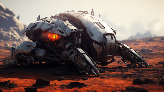 Futuristic Robot Crashed on Red Planet Surface