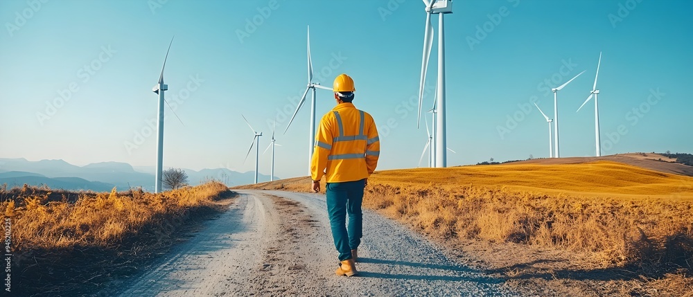 Aufkleber wind turbine engineer wearing protective gear integrating safety protocols into turbine design in a 