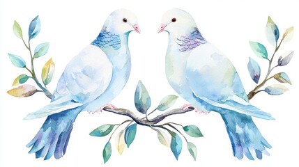 Obraz premium Pair of doves with intertwined branches, harmony and love, soft colors, Watercolor style