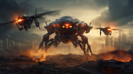 Futuristic Robot Landing in Cityscape After Battle