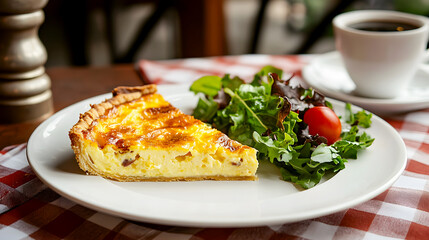Classic French Bistro A slice of Quiche Lorraine served on a simple white plate with a side of mixed greens, set on a checkered tablecloth in a cozy French bistro