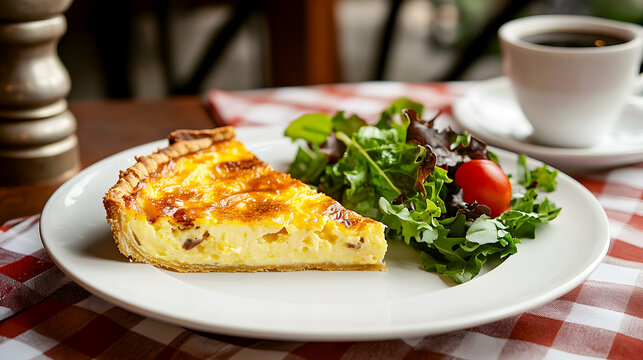 Classic French Bistro A slice of Quiche Lorraine served on a simple white plate with a side of mixed greens, set on a checkered tablecloth in a cozy French bistro