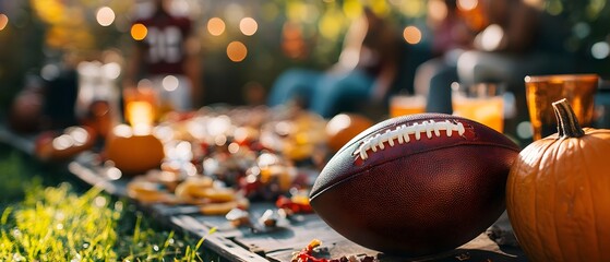 Festive autumn tailgate party scene before an American football game on Halloween  football...