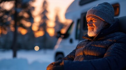 Elderly man relaxing by winter campfire with rv at sunset in cozy warm attire