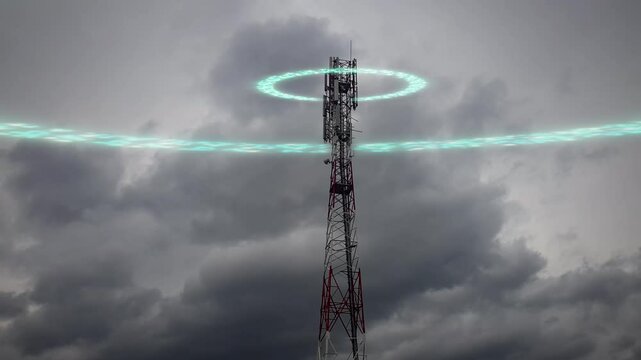 Timelapse of radio tower with antennas. 3D render animation of electromagnetic waves