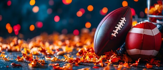 Festive American Football Themed Halloween Party with Costume Game Autumn Leaves and Decorative Lights on the Ground