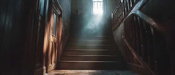 Haunted abandoned house with eerie vintage horror movie inspired 80s special effects scenes  Moody dark gloomy atmosphere with dramatic lighting and shadows creating a chilling