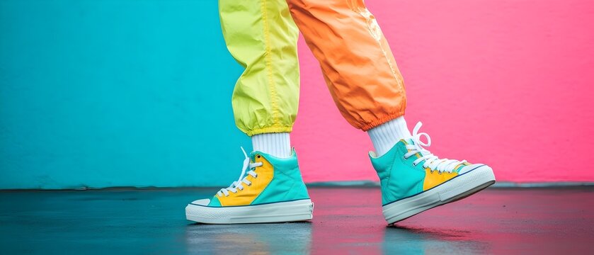 Vibrant 1980s Inspired Halloween Costume with Neon Windbreaker and High Top Sneakers Photography Concept with Copy Space for Text