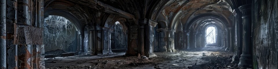 Naklejka premium Empty eerie room in a rundown old structure