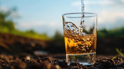 Golden Drink Pouring into Clear Glass on Muddy Ground with Nature in Background