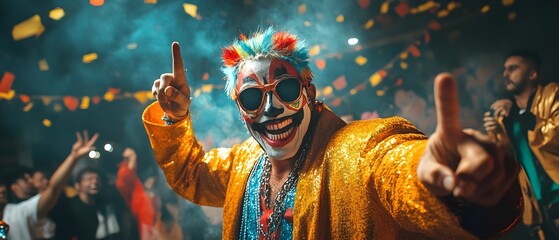 Glittering 80s Themed Halloween Party with Wrestling Inspired Costumes and Energetic Performers Entertaining a Lively Crowd on a Vibrant Stage