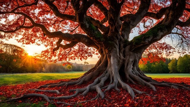 autumn red tree in the park , red leaves, ending summer