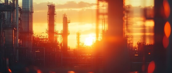 Obraz premium Refinery at Sunset Showcasing the Scientific Principles of Petrochemical Production Highlighting the Complex Engineering and Chemistry Behind Fuel and Energy