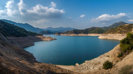 Fototapeta premium A picturesque view of a lake surrounded by rocky hills and a clear blue sky with fluffy clouds.